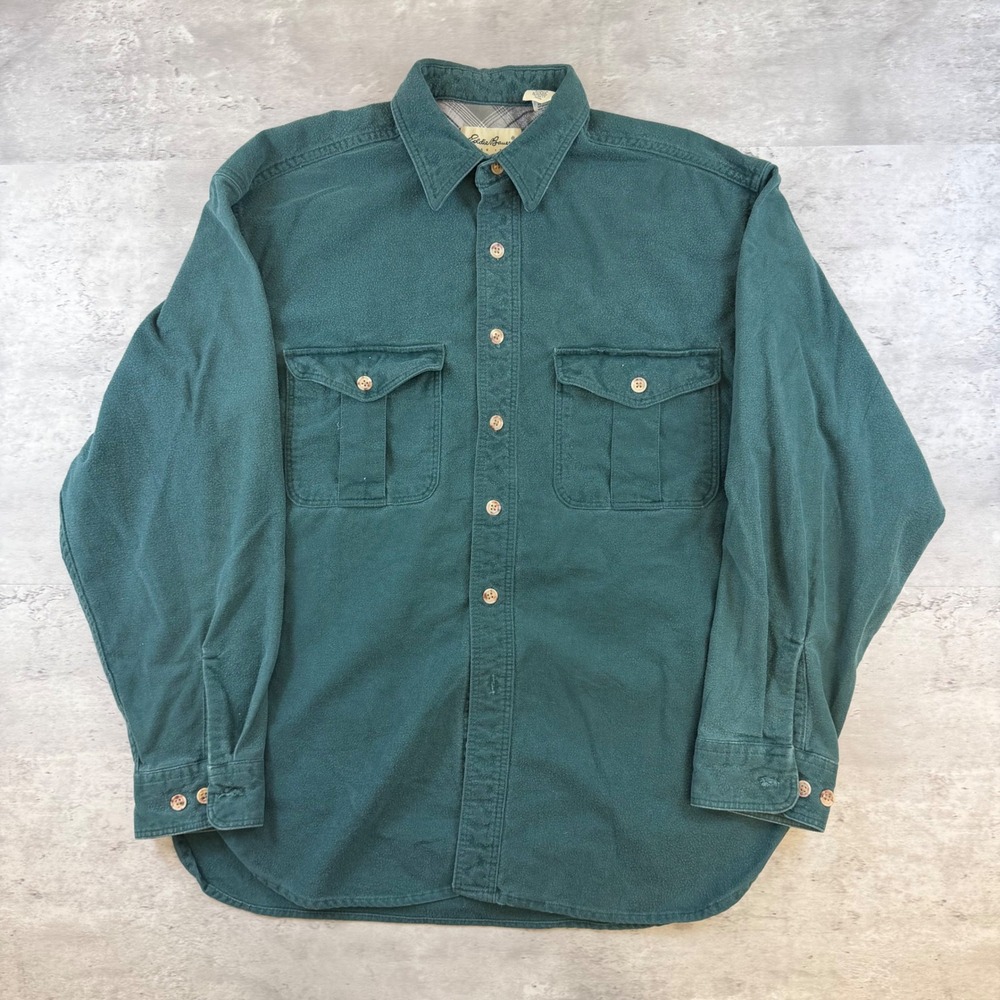 Eddie Bauer Mens Forest Green Cotton Flannel Button Down Shirt L Long Sleeve